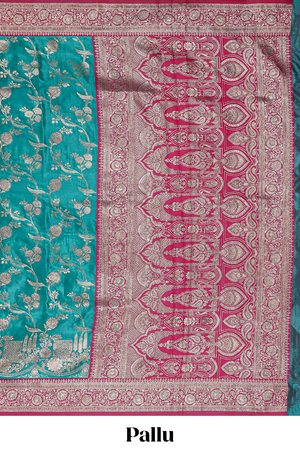 Green floral designed banarasi silk saree with contrast floral border and matching blouse