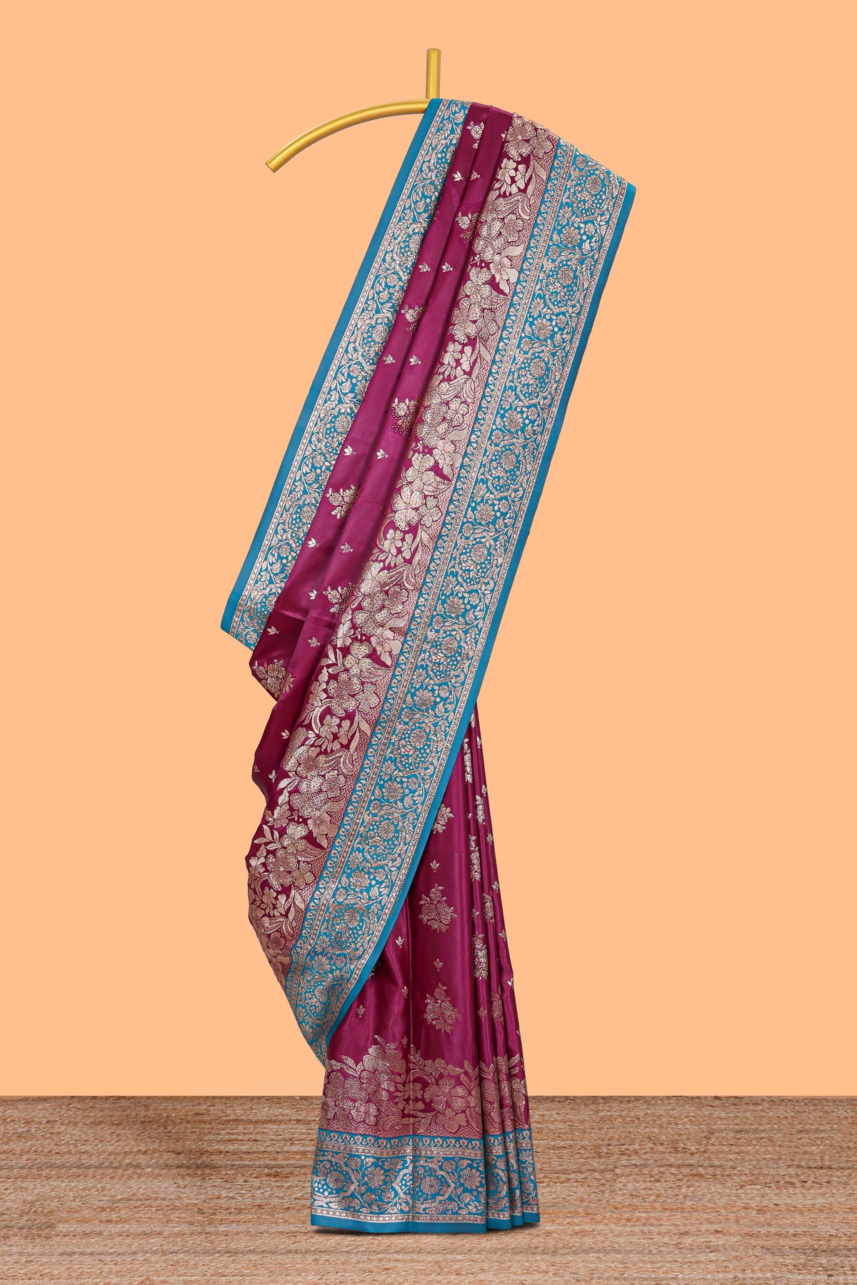 Magenta floral designed banarasi silk saree with contrast floral border and matching blouse