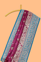 Magenta floral designed banarasi silk saree with contrast floral border and matching blouse