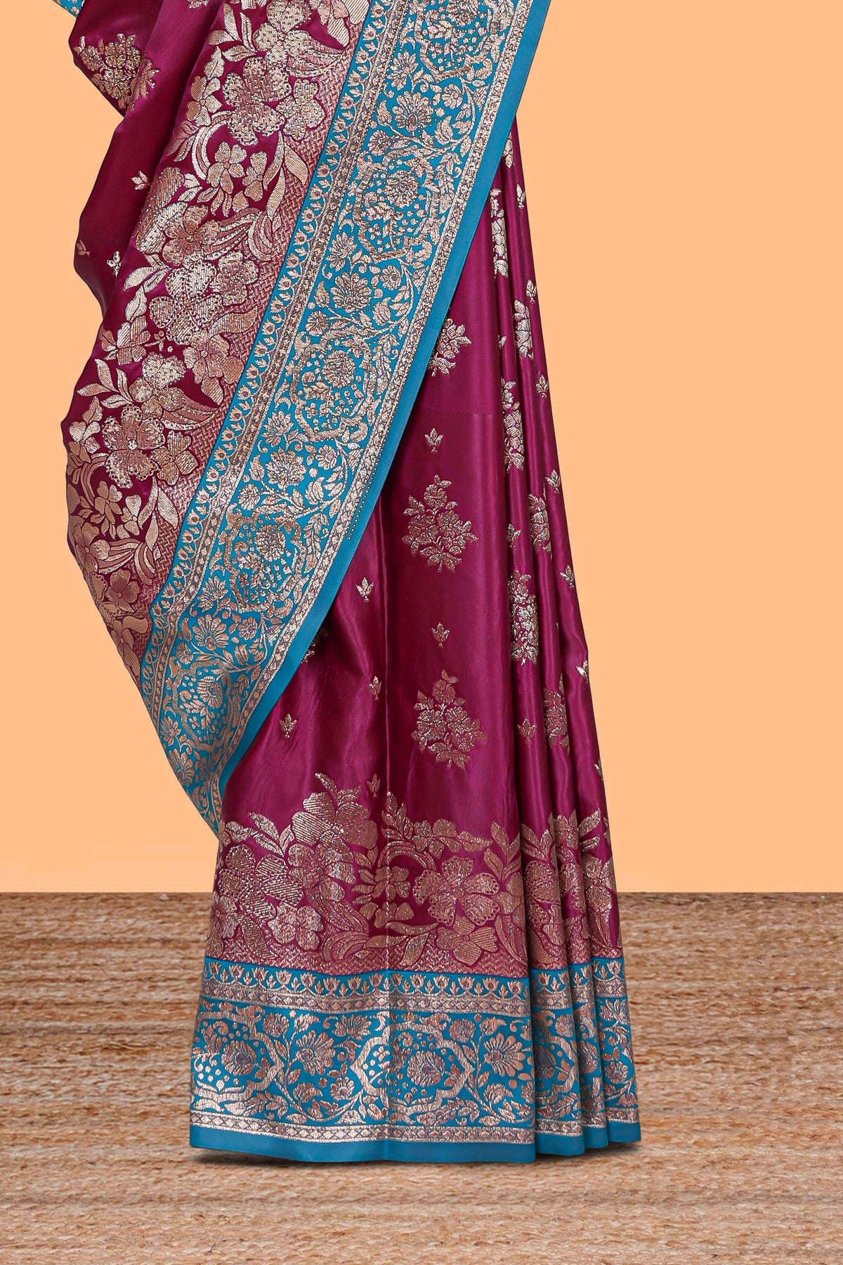 Magenta floral designed banarasi silk saree with contrast floral border and matching blouse