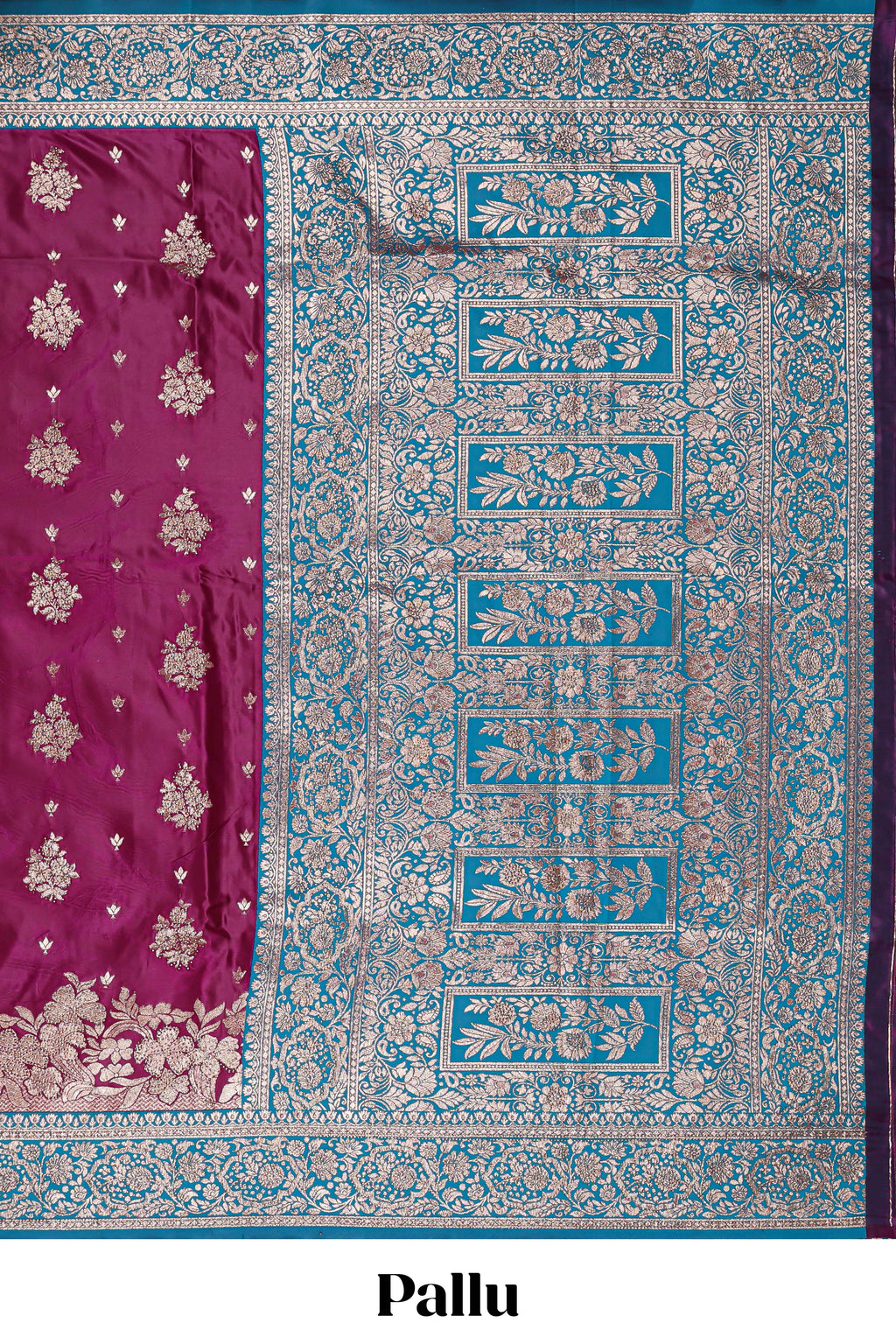 Magenta floral designed banarasi silk saree with contrast floral border and matching blouse