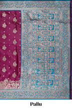 Magenta floral designed banarasi silk saree with contrast floral border and matching blouse