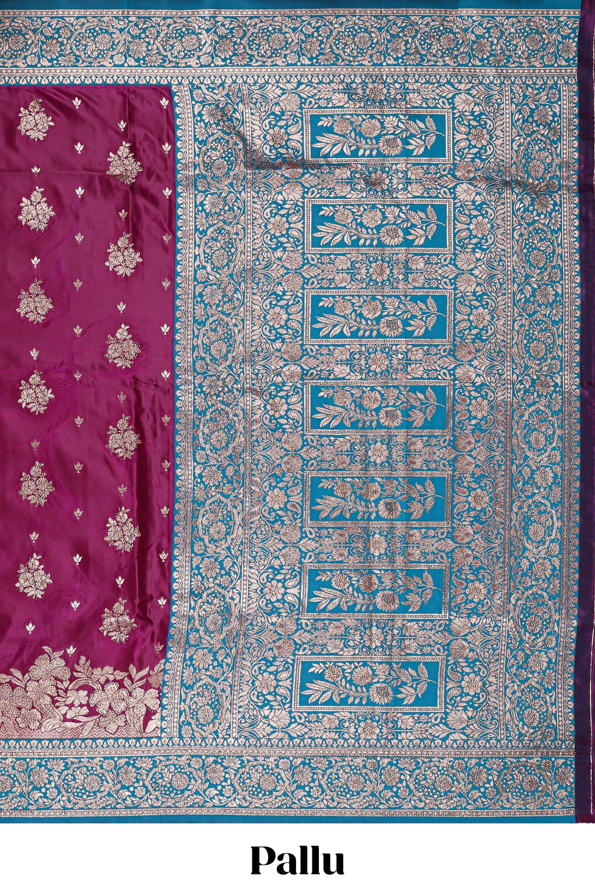 Magenta floral designed banarasi silk saree with contrast floral border and matching blouse