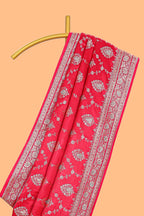 Red floral designed banarasi silk saree with self floral border and matching blouse