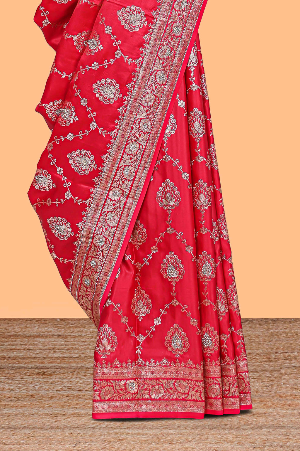 Red floral designed banarasi silk saree with self floral border and matching blouse