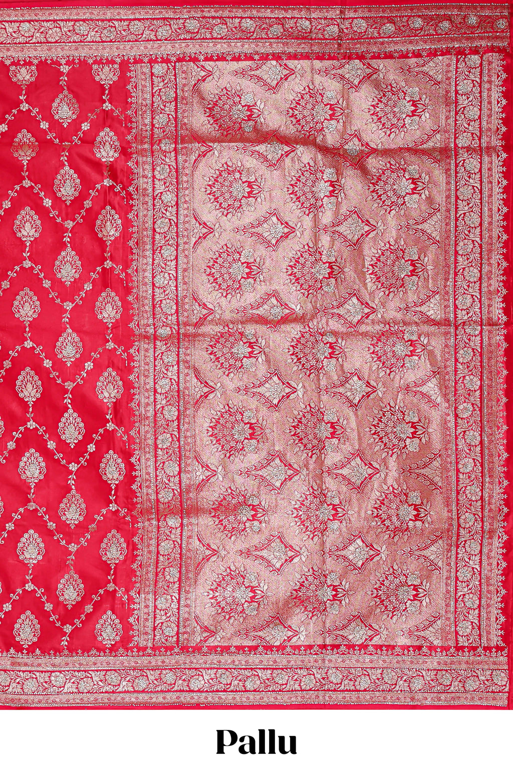 Red floral designed banarasi silk saree with self floral border and matching blouse