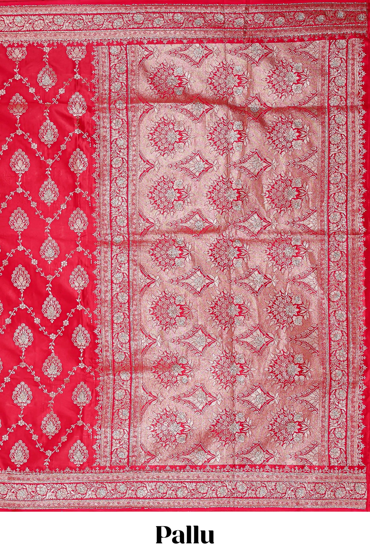 Red floral designed banarasi silk saree with self floral border and matching blouse