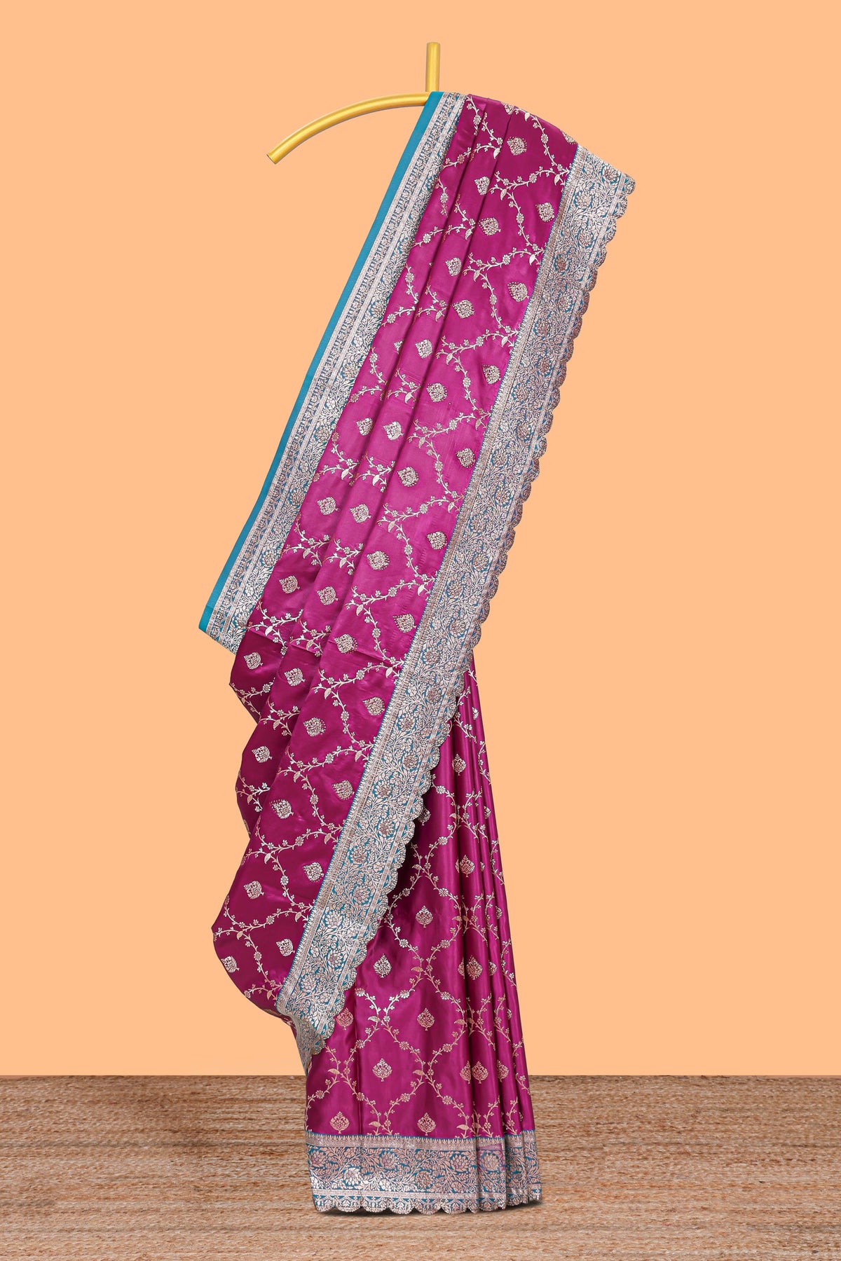 Deep magenta pink floral designed banarasi silk saree with contrast floral border and blouse