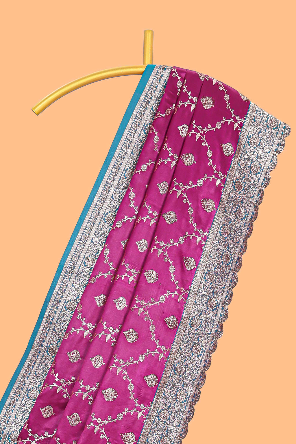 Deep magenta pink floral designed banarasi silk saree with contrast floral border and blouse