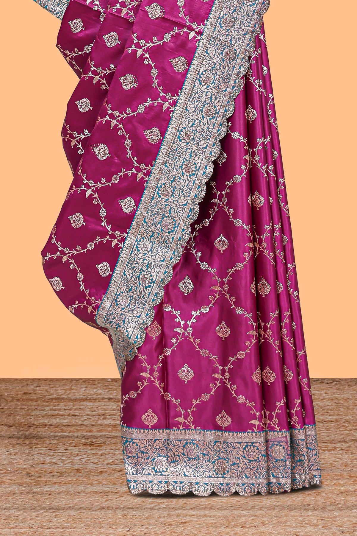 Deep magenta pink floral designed banarasi silk saree with contrast floral border and blouse