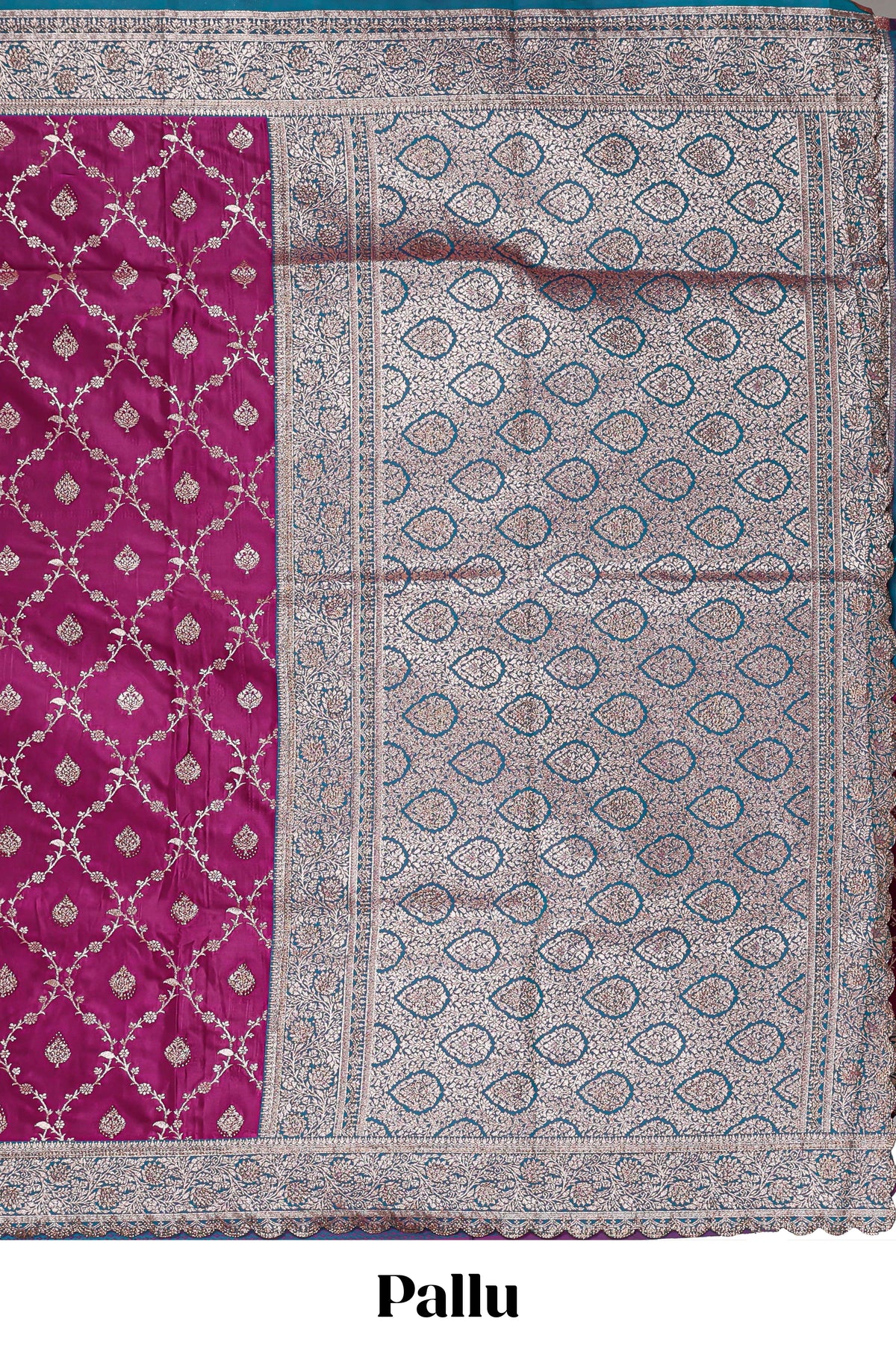 Deep magenta pink floral designed banarasi silk saree with contrast floral border and blouse