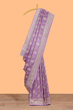 Lavender floral designed banarasi silk saree with self floral border and matching blouse