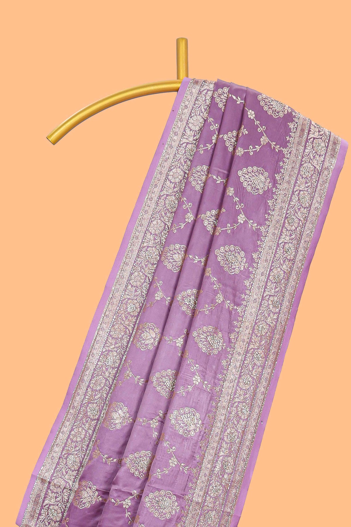 Lavender floral designed banarasi silk saree with self floral border and matching blouse