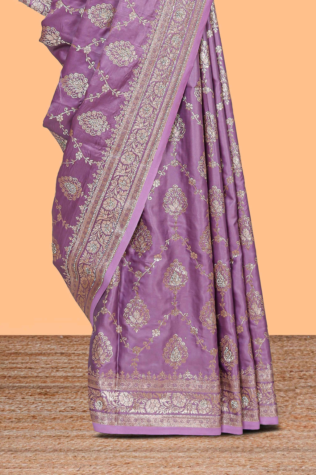 Lavender floral designed banarasi silk saree with self floral border and matching blouse