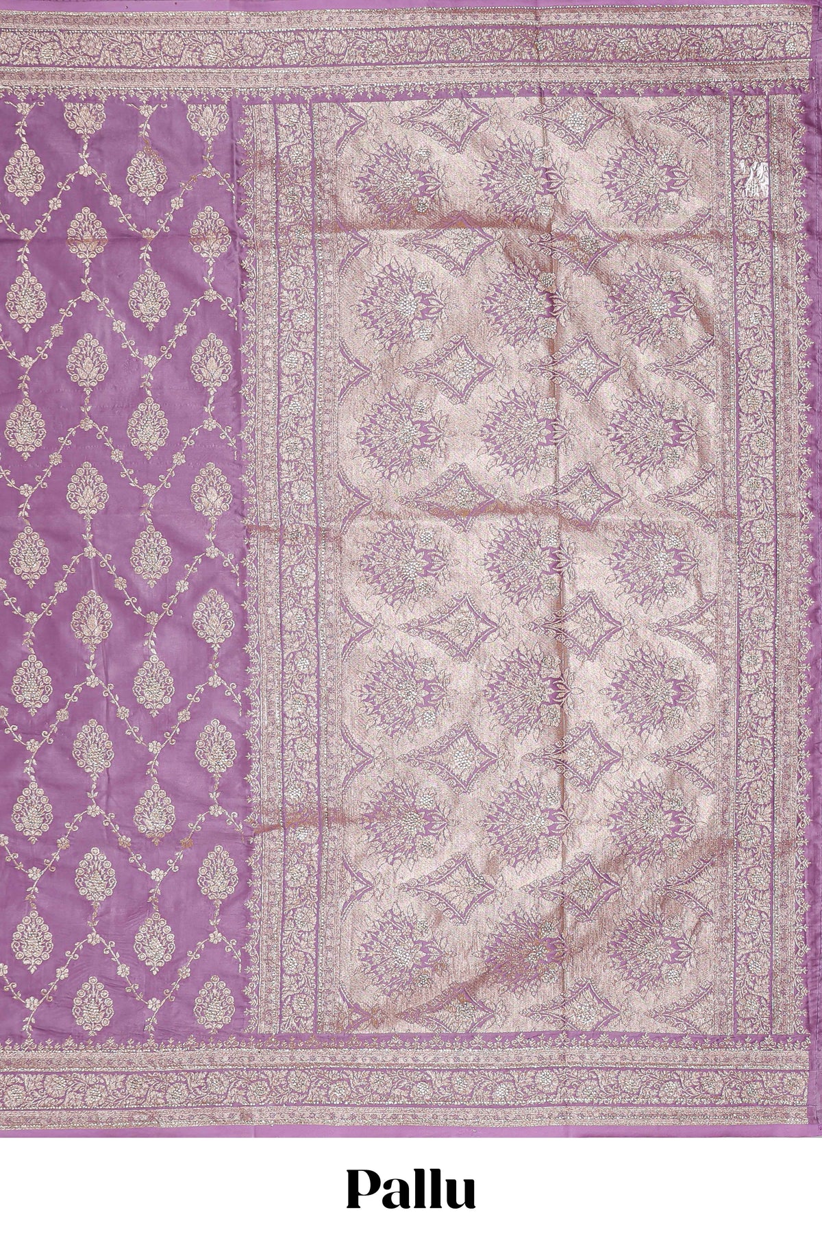 Lavender floral designed banarasi silk saree with self floral border and matching blouse