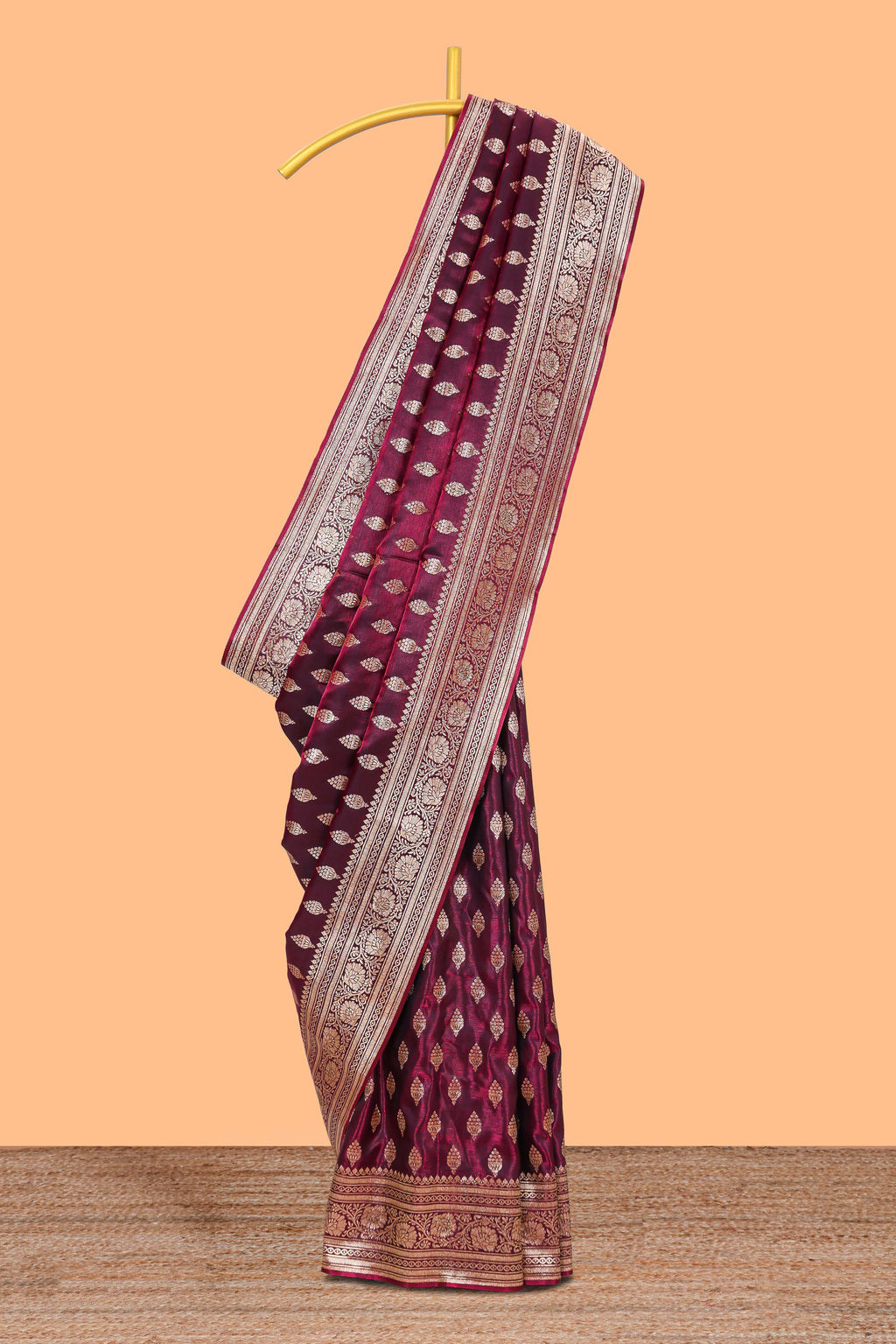 Deep plum butta designed banarasi silk saree with self zari border and matching blouse