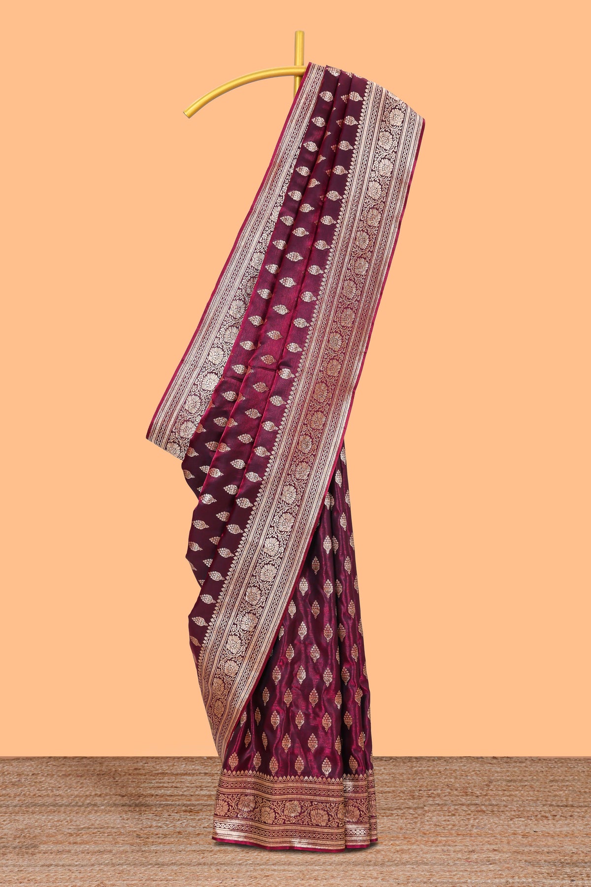 Deep plum butta designed banarasi silk saree with self zari border and matching blouse