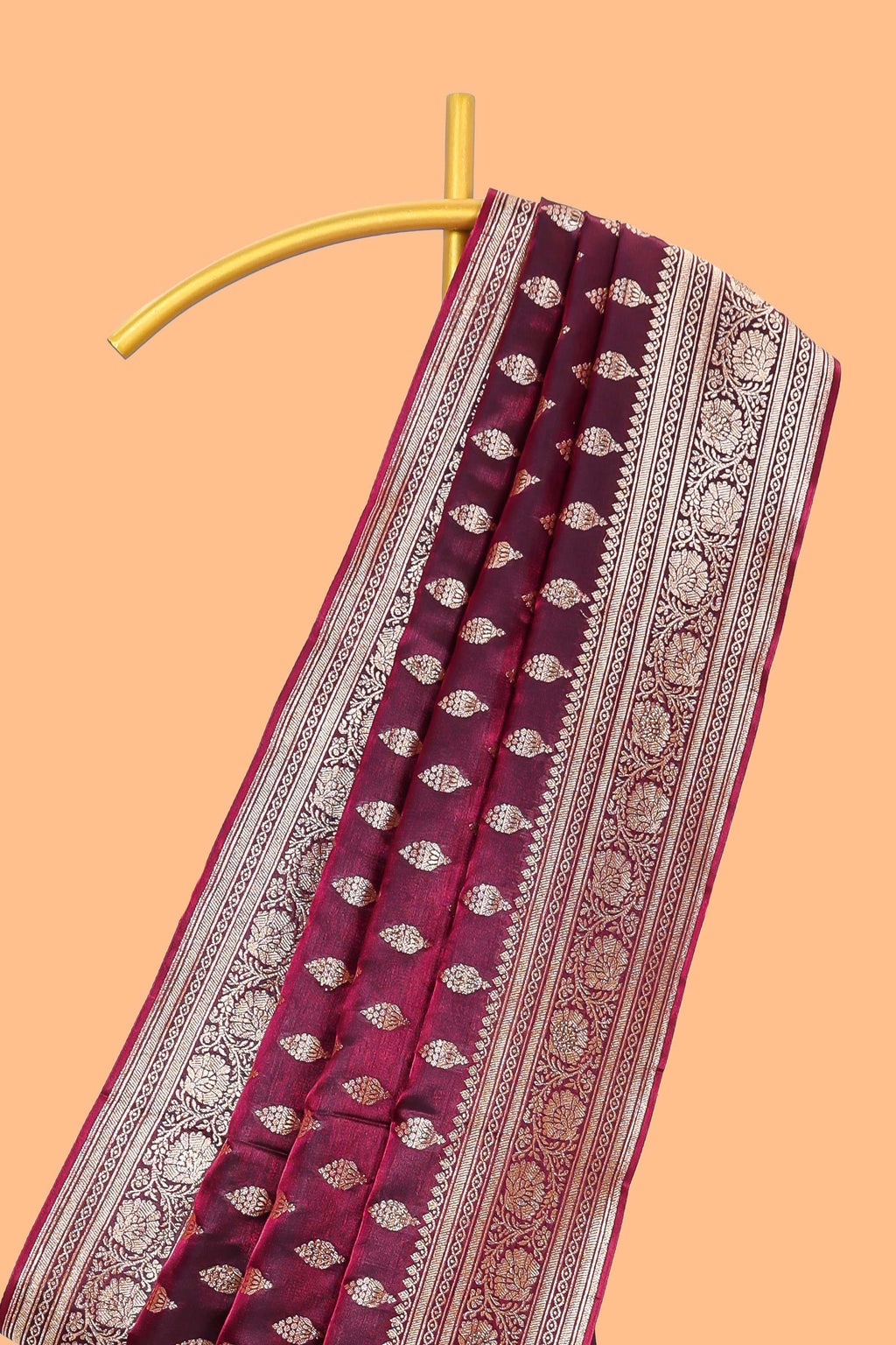 Deep plum butta designed banarasi silk saree with self zari border and matching blouse
