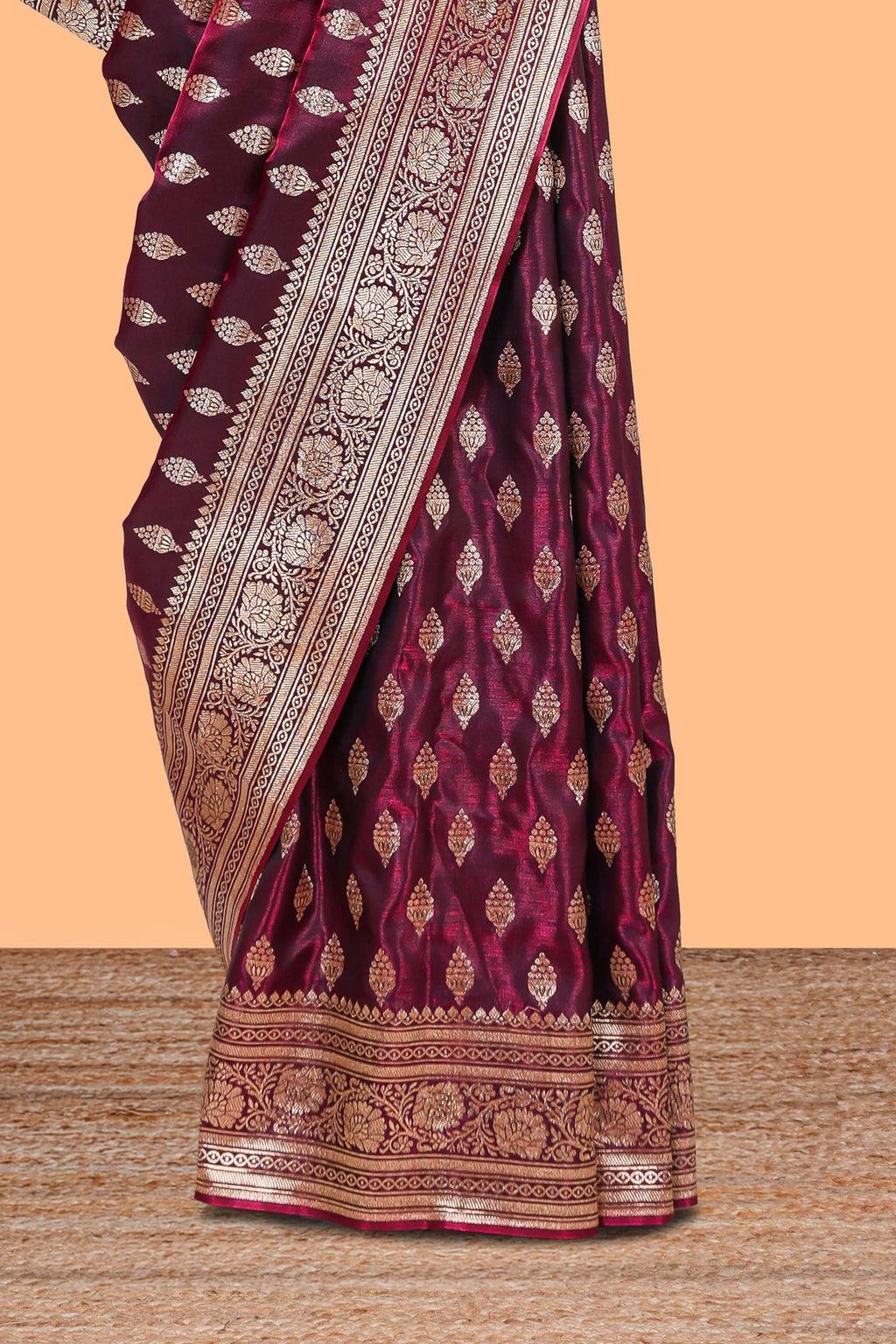 Deep plum butta designed banarasi silk saree with self zari border and matching blouse
