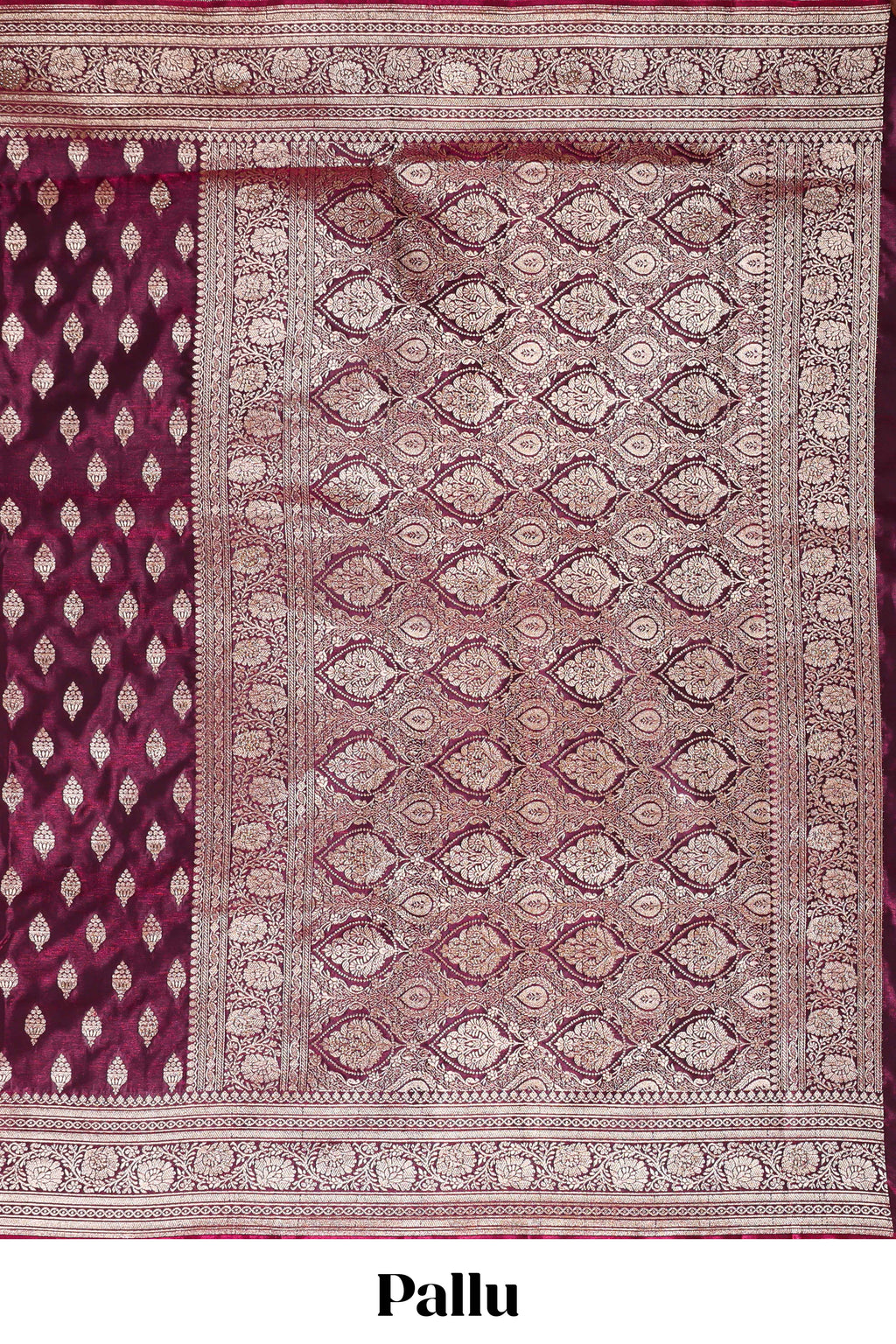 Deep plum butta designed banarasi silk saree with self zari border and matching blouse