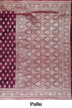 Deep plum butta designed banarasi silk saree with self zari border and matching blouse