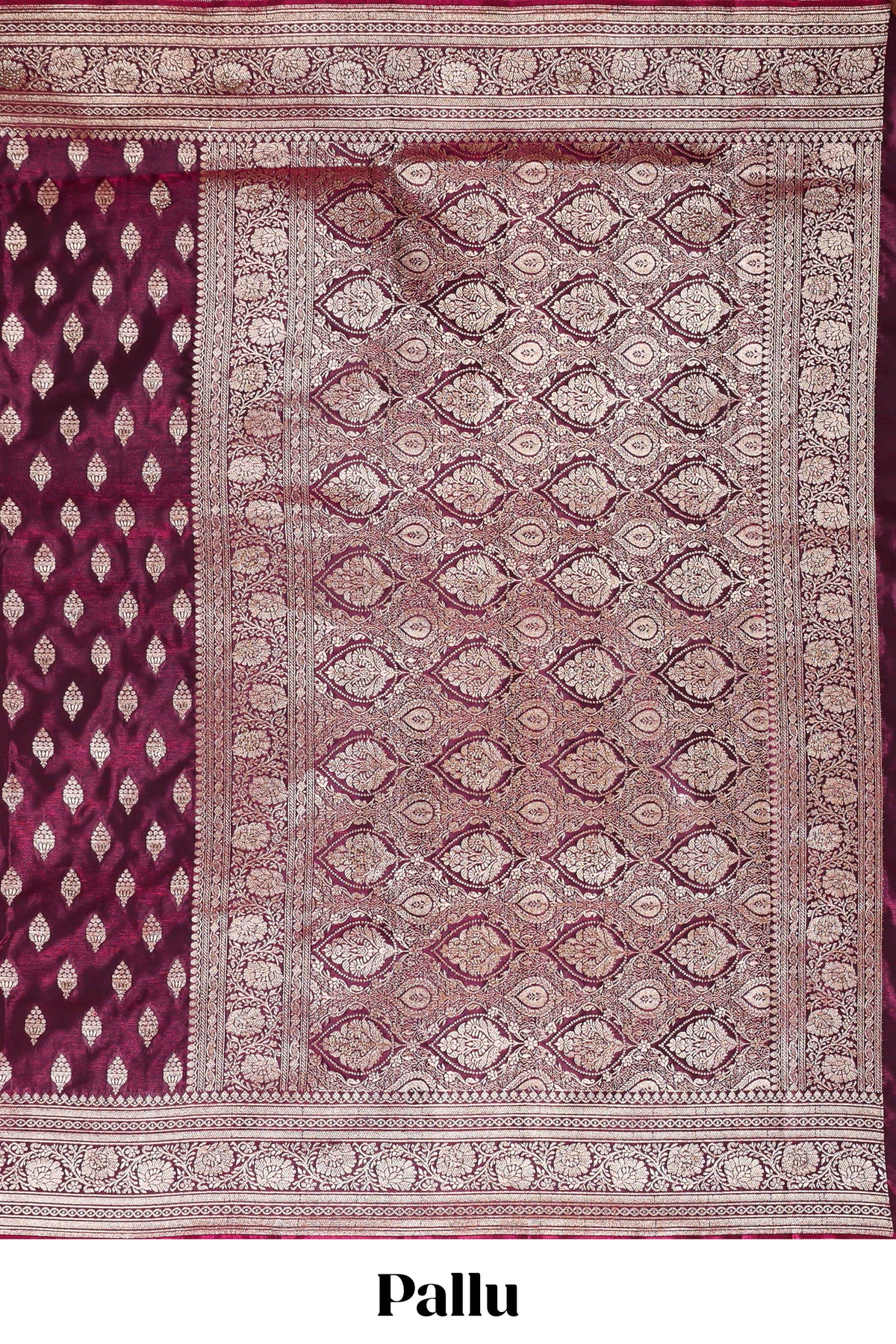 Deep plum butta designed banarasi silk saree with self zari border and matching blouse