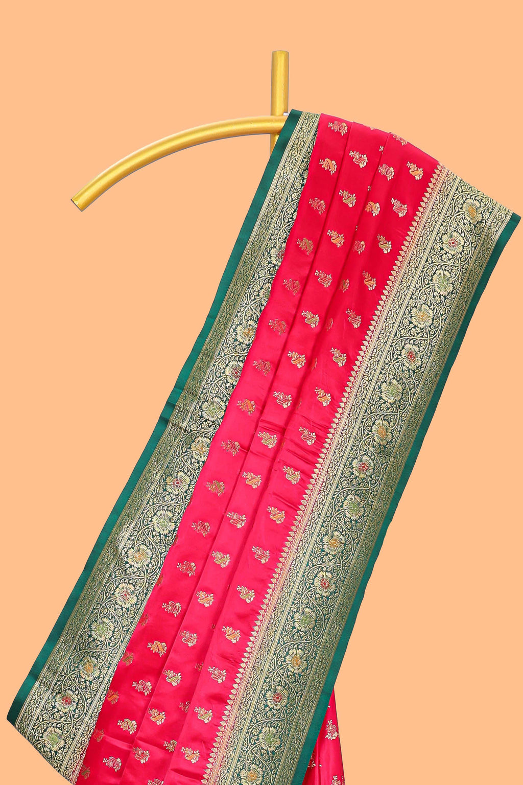 Bright red butta designed banarasi silk saree with contrast zari border and  blouse