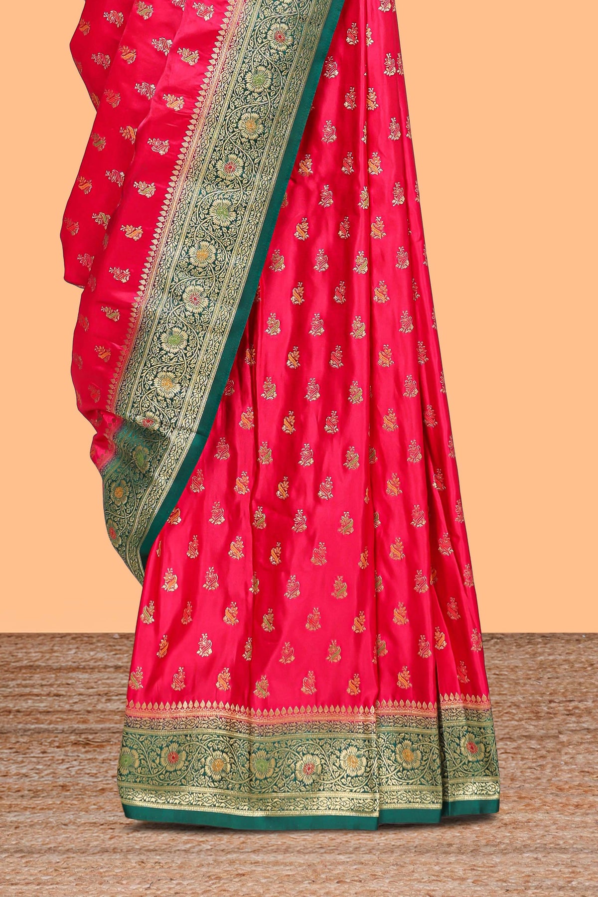 Bright red butta designed banarasi silk saree with contrast zari border and  blouse