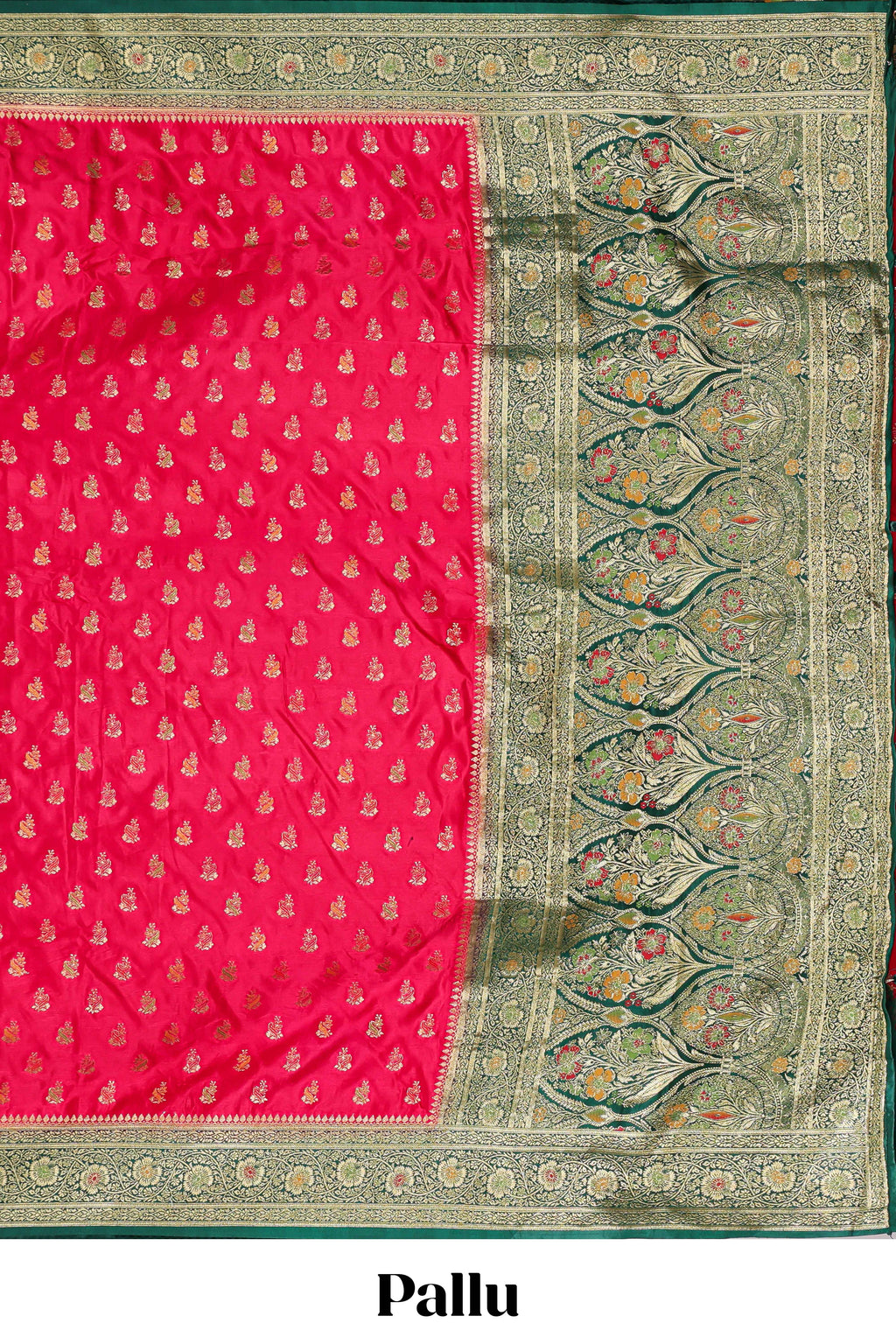 Bright red butta designed banarasi silk saree with contrast zari border and  blouse