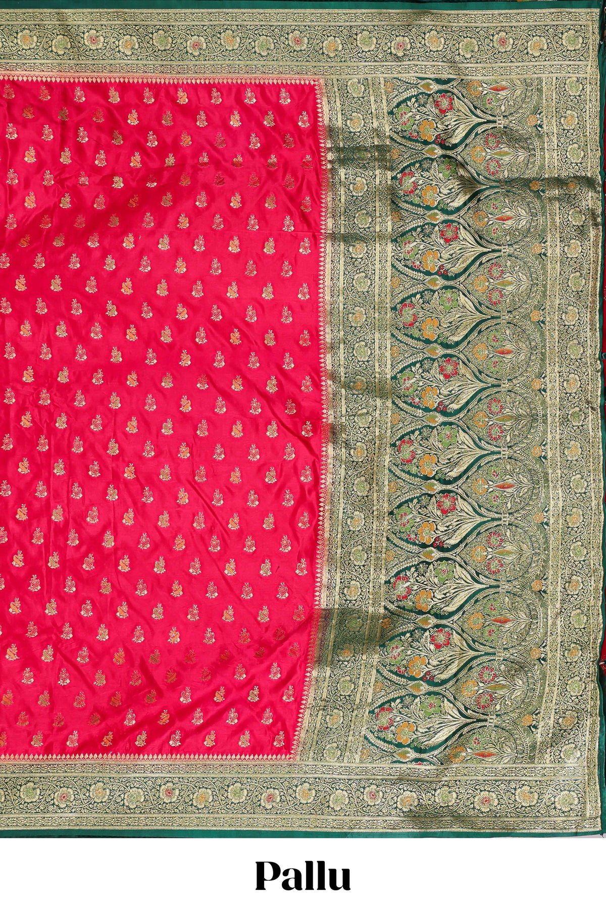 Bright red butta designed banarasi silk saree with contrast zari border and  blouse