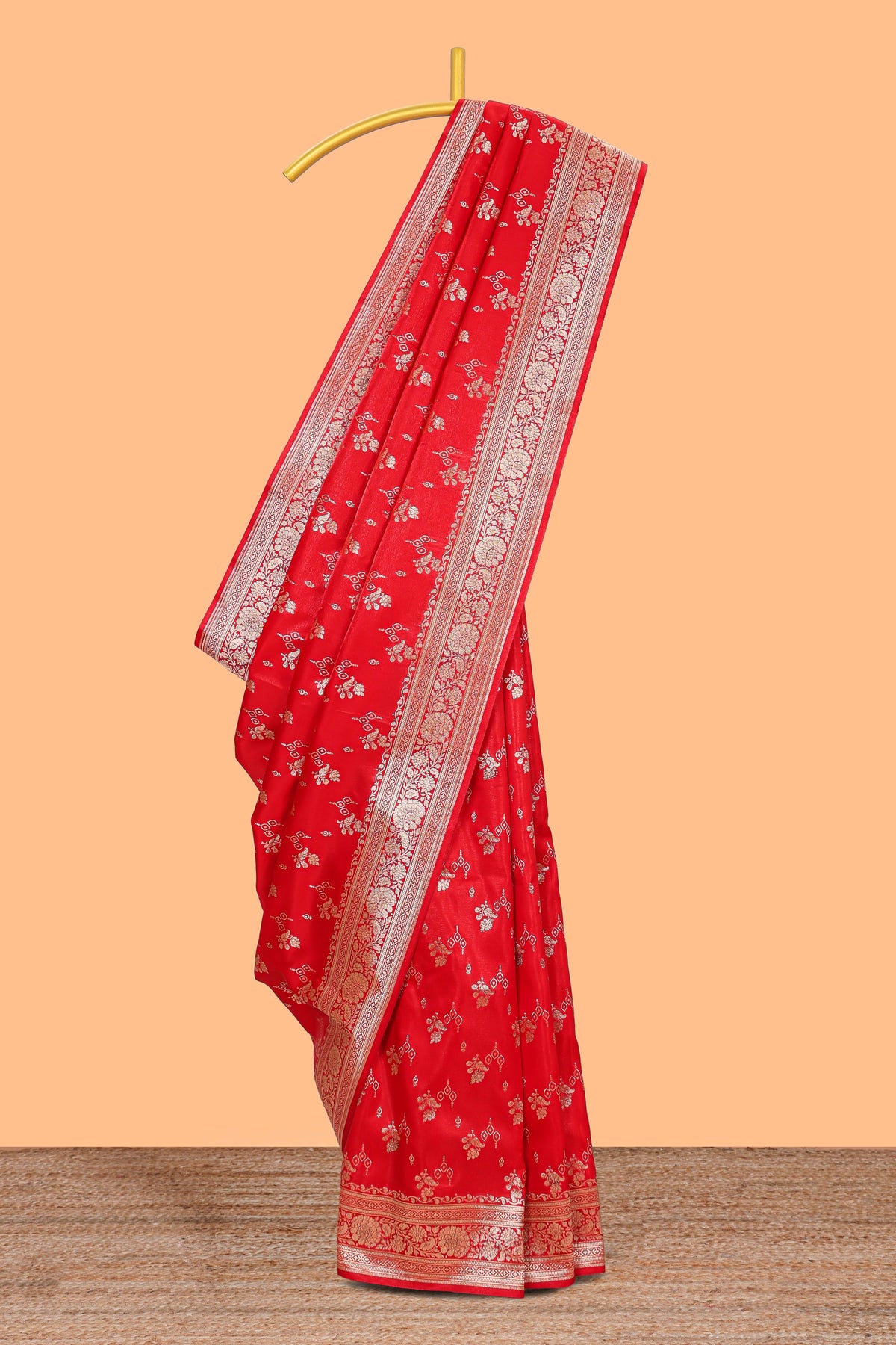 Red floral designed banarasi silk saree with self zari border and  matching blouse