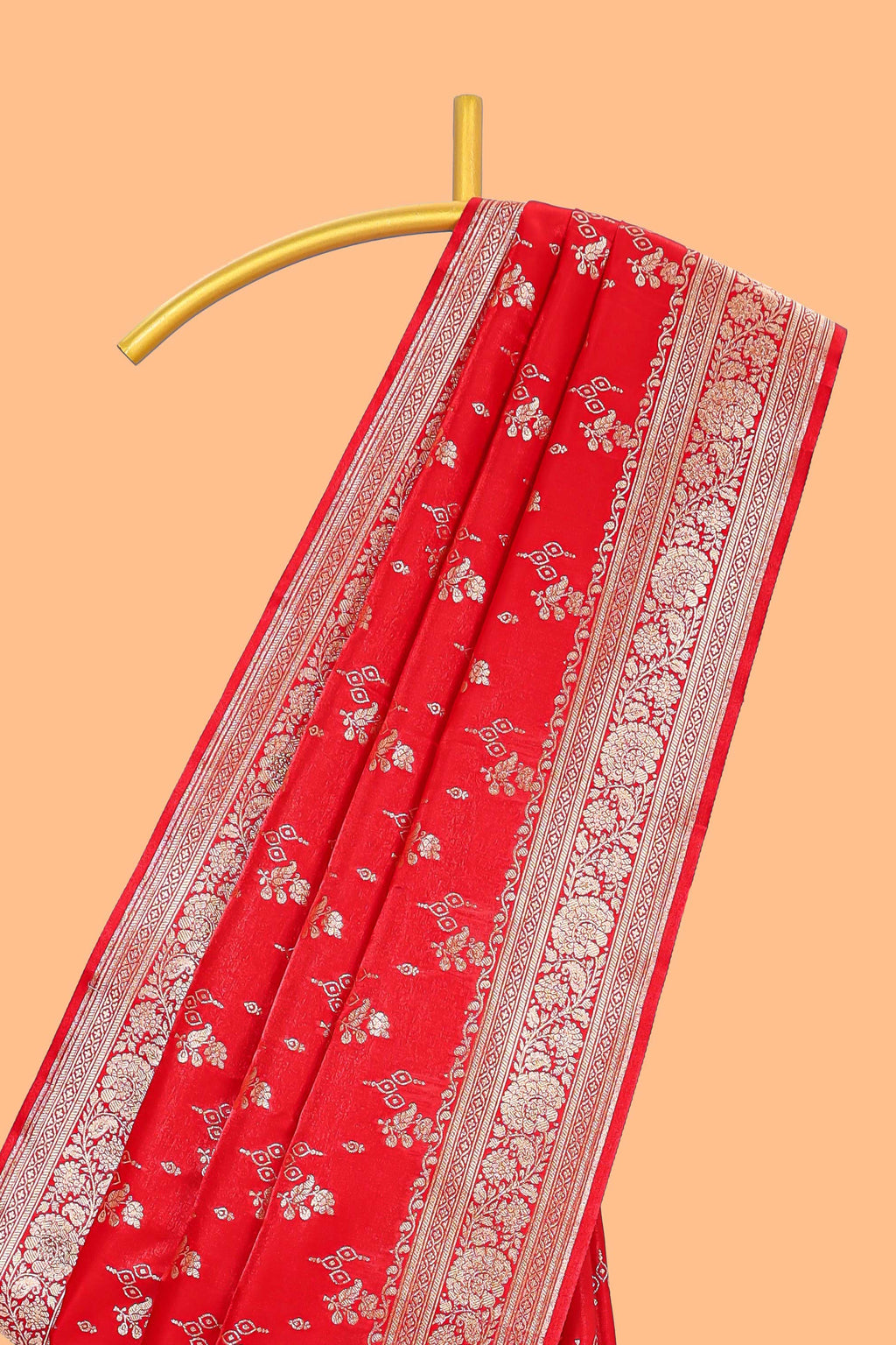Red floral designed banarasi silk saree with self zari border and  matching blouse