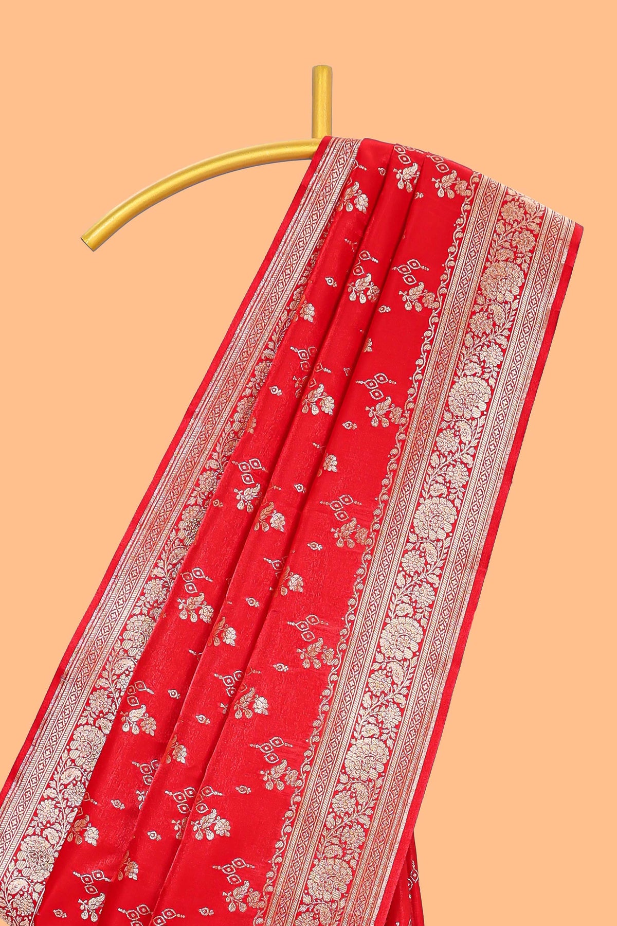 Red floral designed banarasi silk saree with self zari border and  matching blouse
