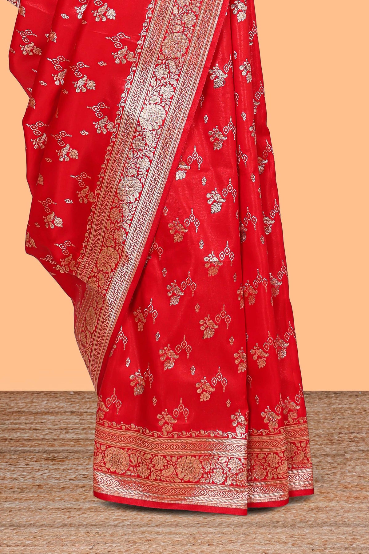 Red floral designed banarasi silk saree with self zari border and  matching blouse