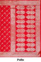 Red floral designed banarasi silk saree with self zari border and  matching blouse