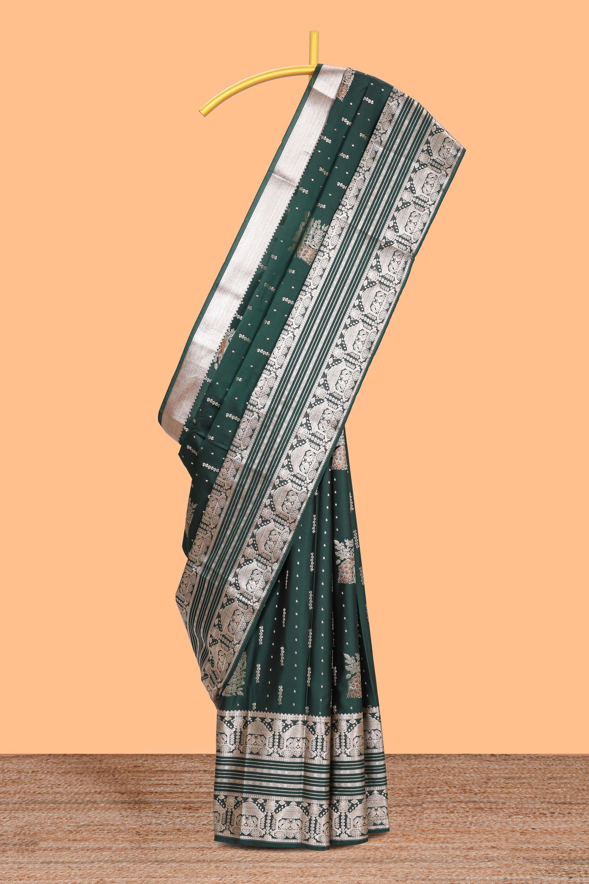 dark green unique designed banarasi silk saree with self zari border and  matching blouse