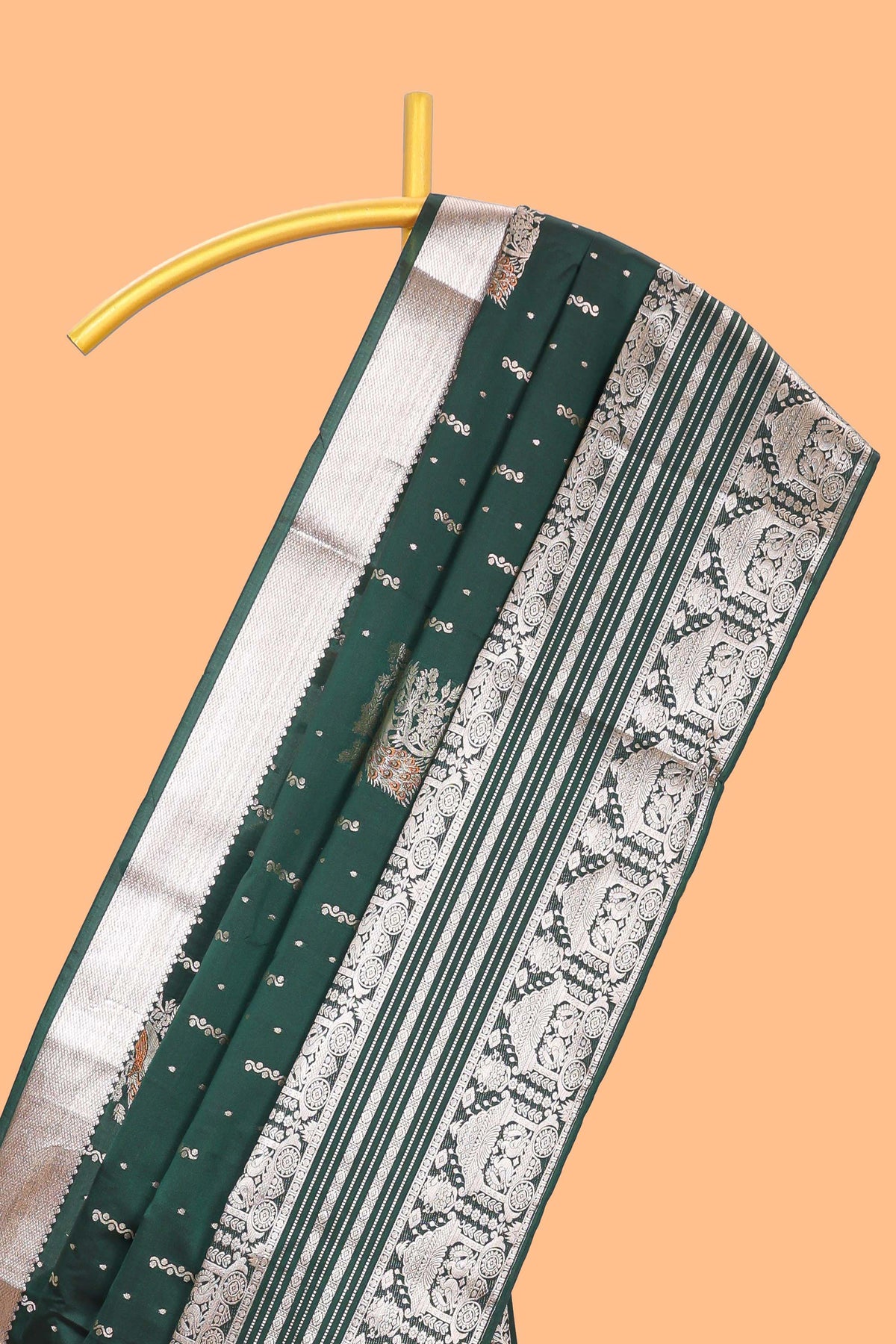 dark green unique designed banarasi silk saree with self zari border and  matching blouse