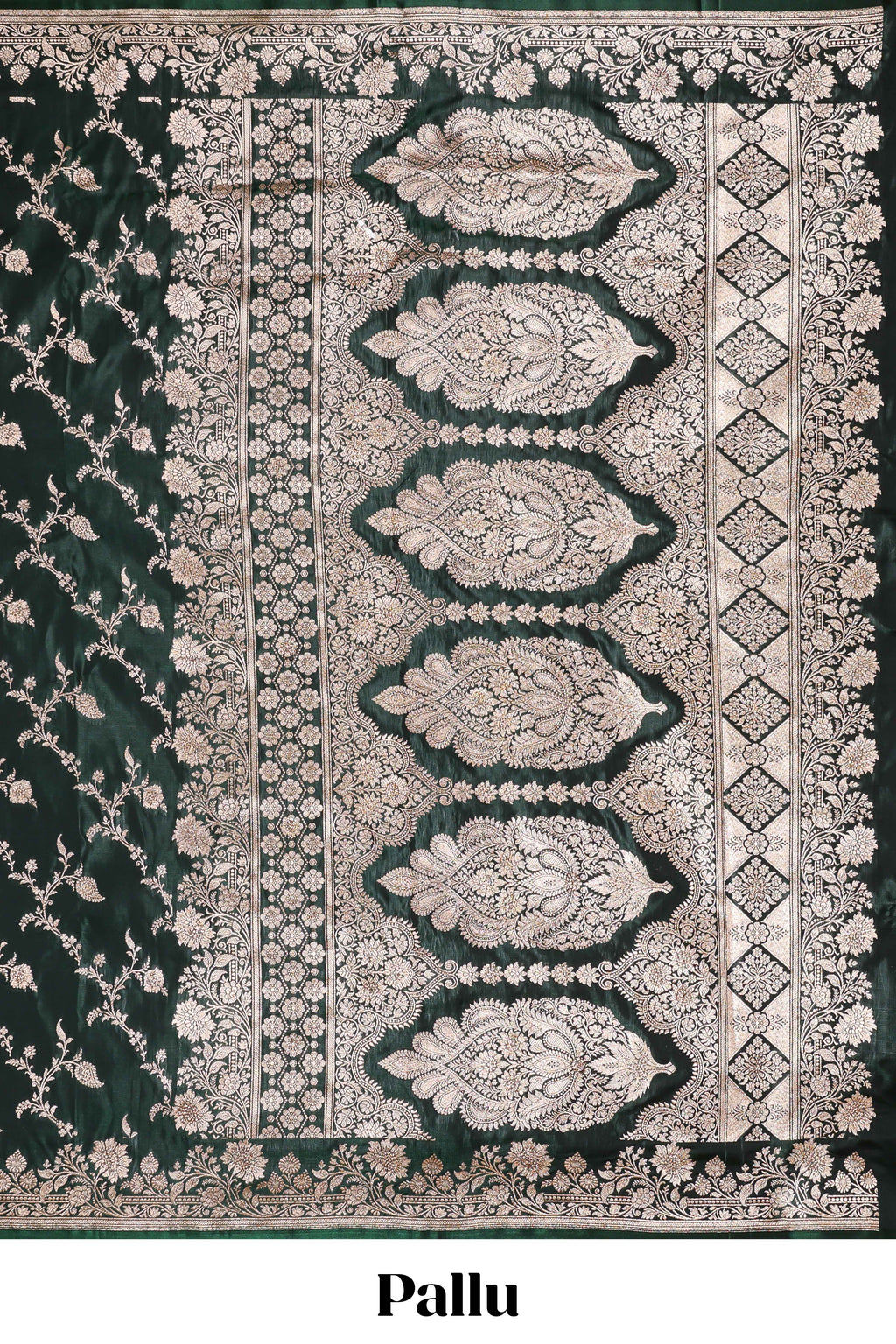 dark green unique designed banarasi silk saree with self zari border and  matching blouse