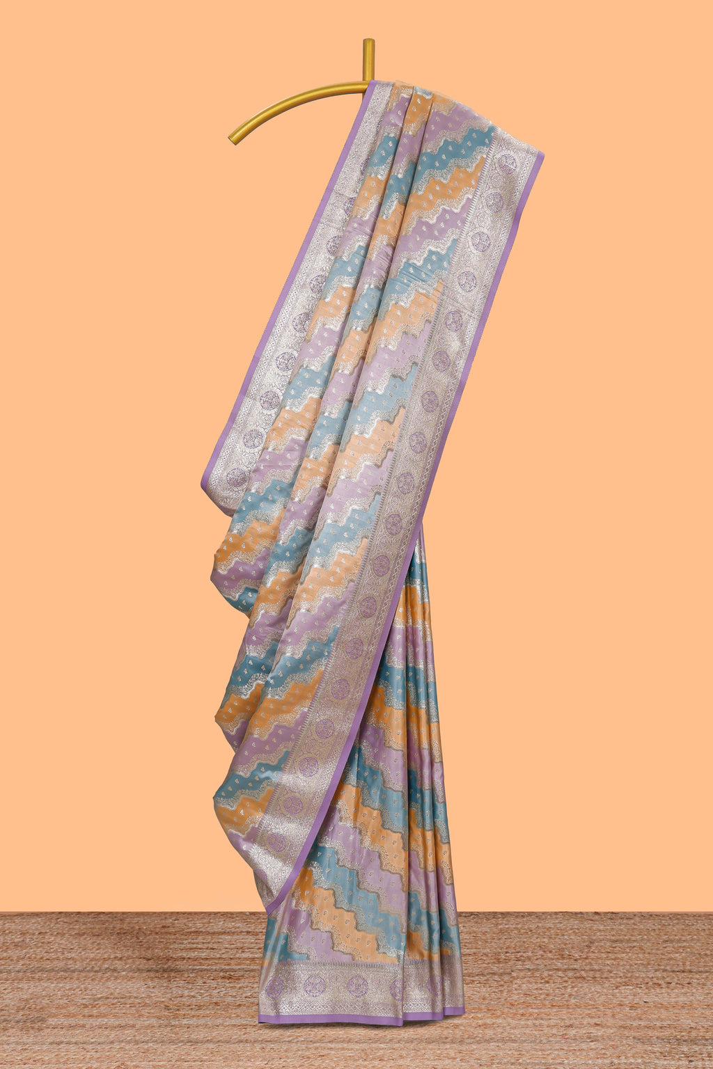 Multicolor striped banarasi silk saree with self zari border and  matching blouse