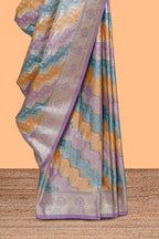 Multicolor striped banarasi silk saree with self zari border and  matching blouse
