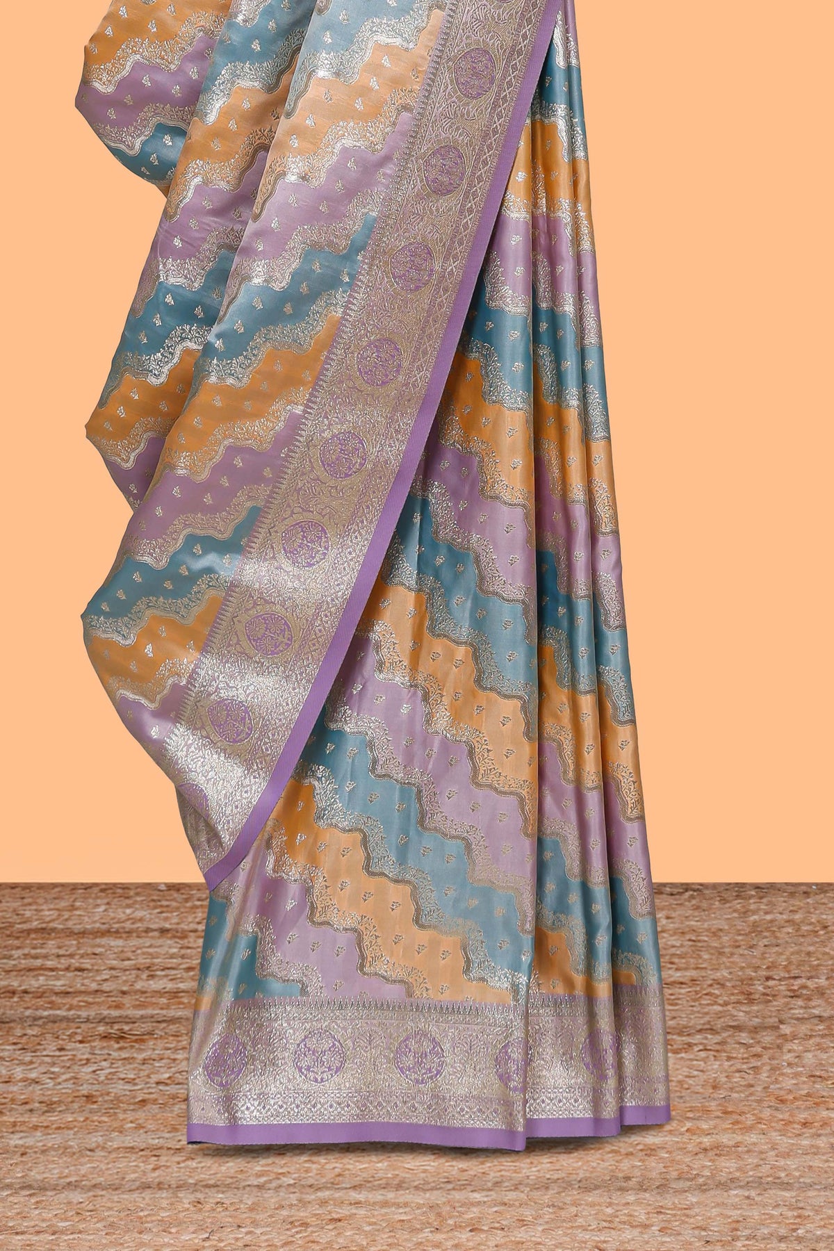 Multicolor striped banarasi silk saree with self zari border and  matching blouse