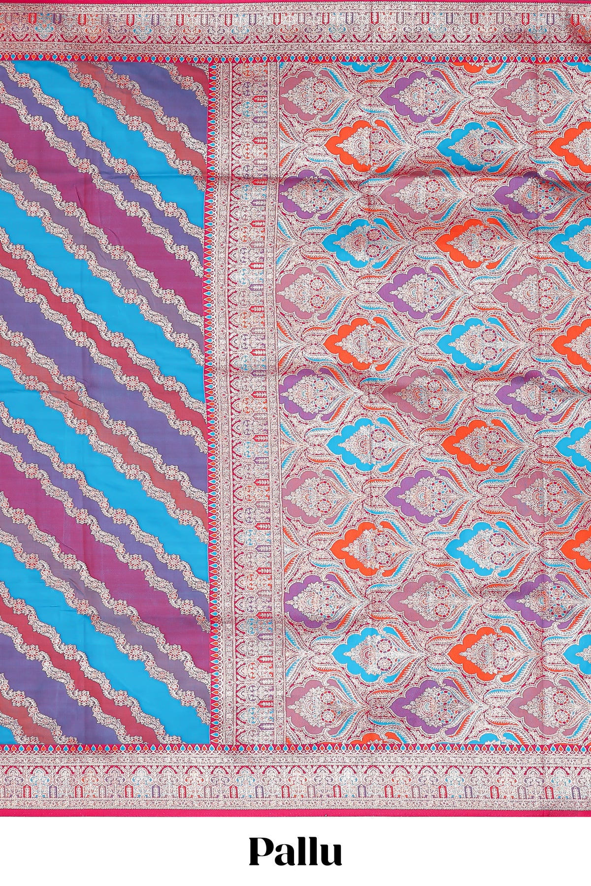 Multicolor chevron designed banarasi silk saree with contrast traditional zari border and matching blouse