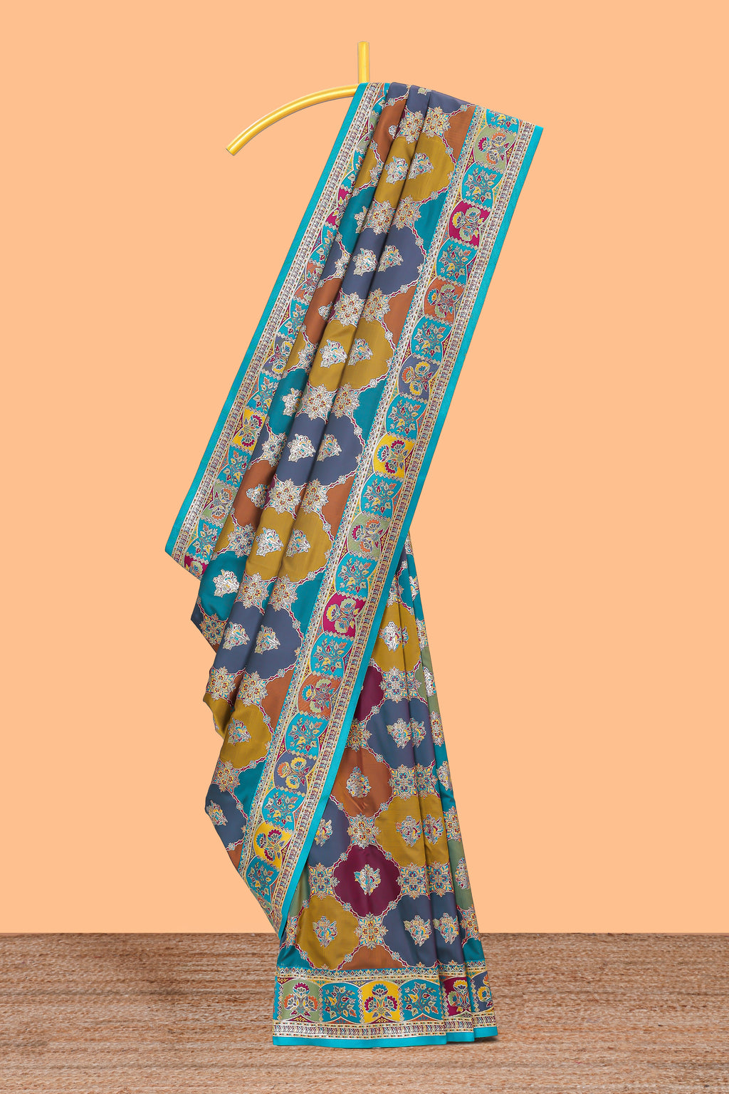 Multicolor traditional grid pattern banarasi silk saree featuring intricate contrast zari border and matching Blouse