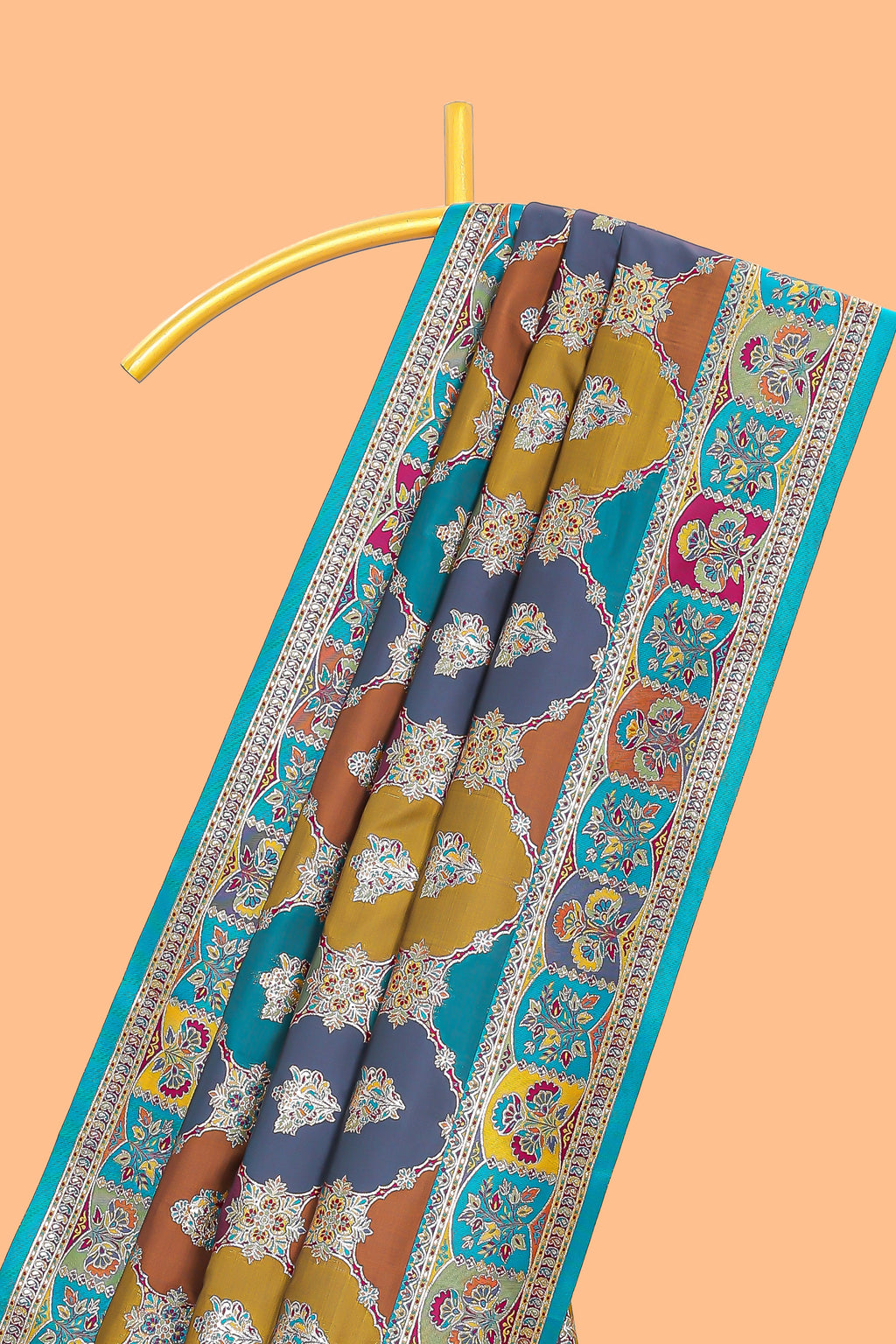 Multicolor traditional grid pattern banarasi silk saree featuring intricate contrast zari border and matching Blouse