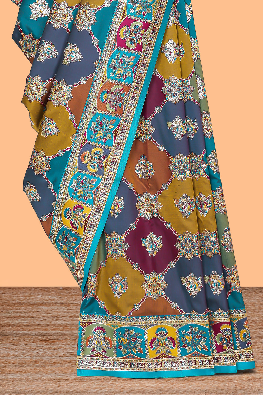 Multicolor traditional grid pattern banarasi silk saree featuring intricate contrast zari border and matching Blouse