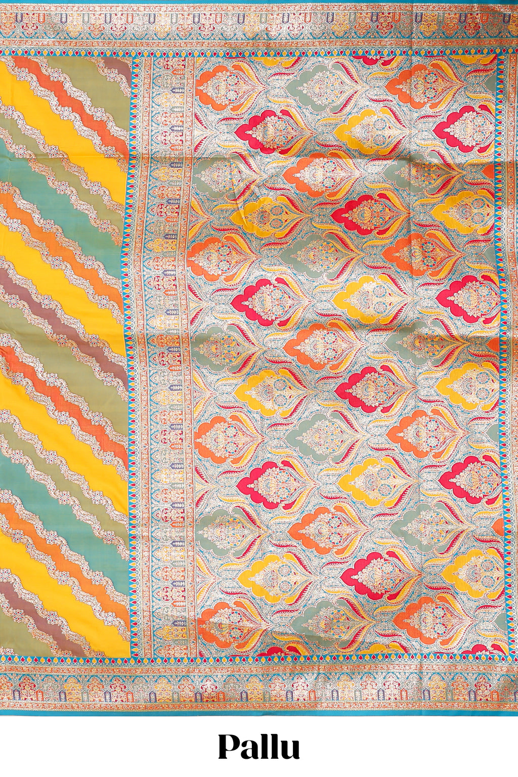 Multicolor chevron designed banarasi silk saree featuring intricate contrast zari border and matching Blouse