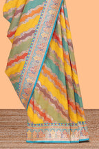 Multicolor chevron designed banarasi silk saree featuring intricate contrast zari border and matching Blouse