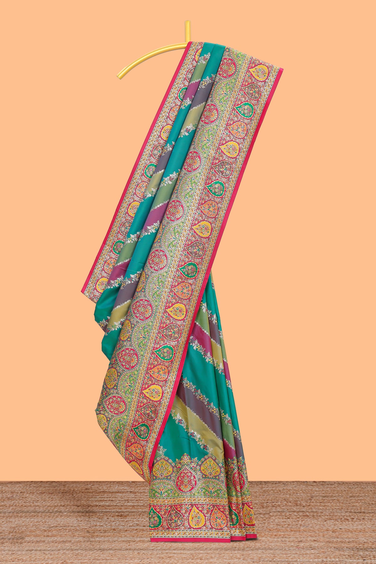 Multicolor floral vines banarasi silk saree featuring contrast floral and paisley motifs border and blouse