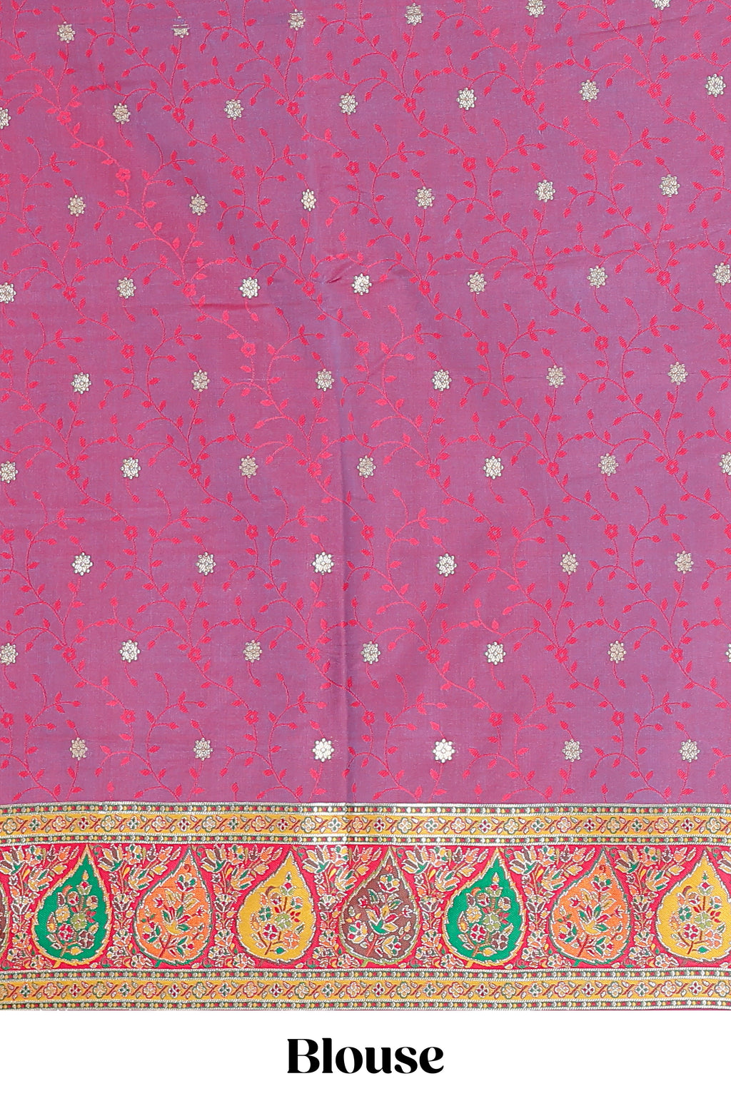 Multicolor floral vines banarasi silk saree featuring contrast floral and paisley motifs border and blouse