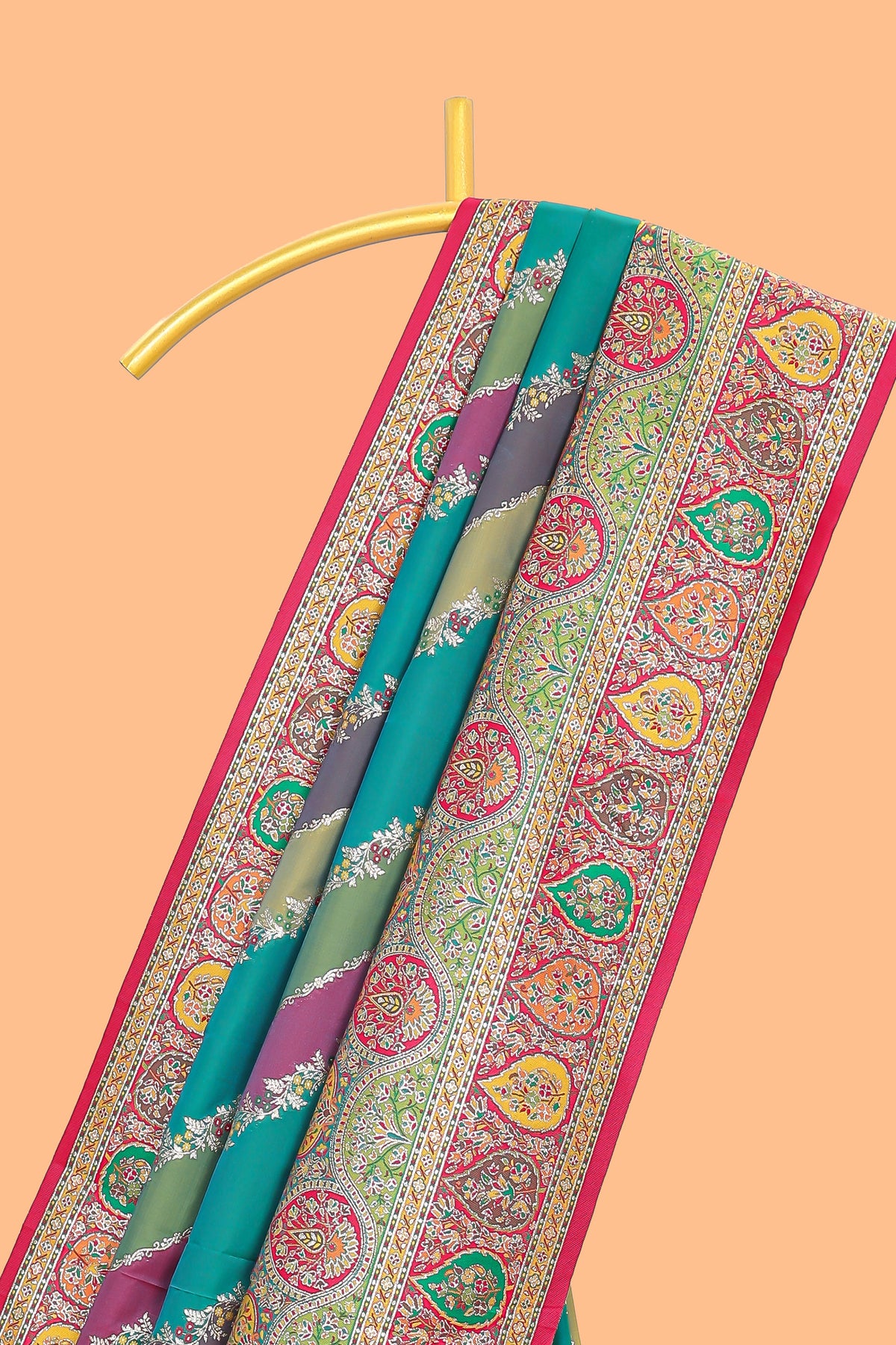 Multicolor floral vines banarasi silk saree featuring contrast floral and paisley motifs border and blouse